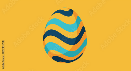 Modern stylized Easter egg with a wavy pattern of blue turquoise and orange colors against a solid yellow background.