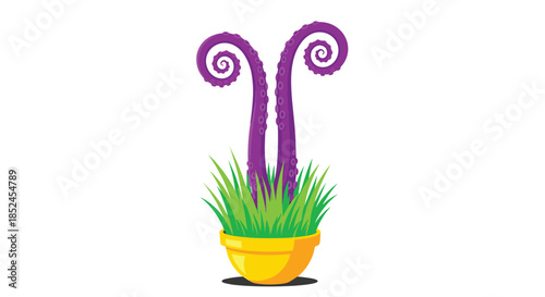 Surreal illustration of two purple monster or octopus tentacles emerging from tall green grass growing in a yellow flower pot.