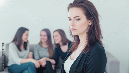 Moody woman displaying superiority complex and hidden insecurity while feeling uncomfortable and anxious during social gatherings – Generative AI