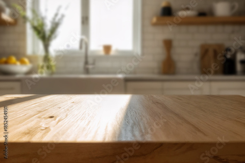 Wooden countertop mockup with sunny kitchen background