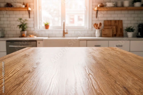 Empty wooden table in bright modern kitchen interior