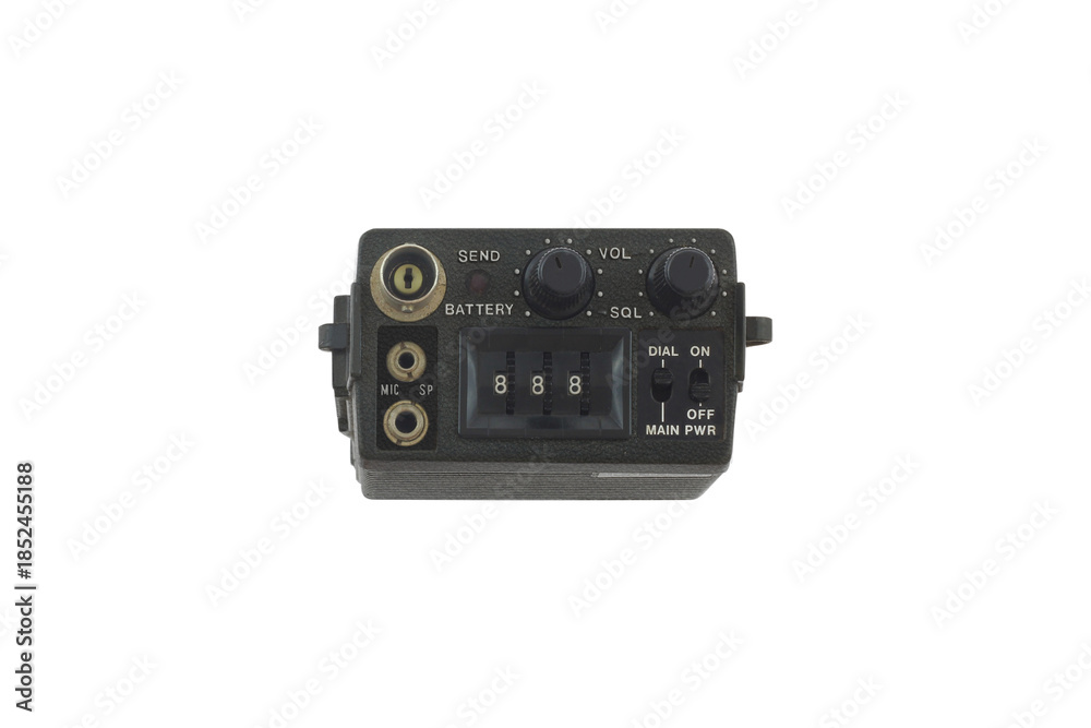 Obraz premium vintage radio communication control unit, tactical radio control panel, military communication interface with knobs, with analog dials, switches, and frequency selector, isolated on white background 