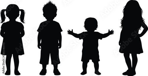 Black vector silhouettes of four diverse happy children standing on white background