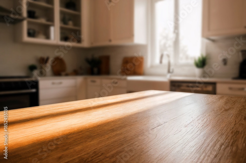 Empty wooden table in bright modern kitchen interior
