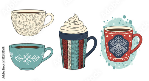 Cozy collection of four decorative mugs for hot winter drinks like coffee tea or hot chocolate with various festive designs.