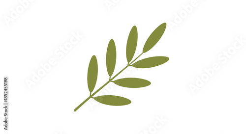 Minimalist flat illustration of a single green olive or tea branch with several leaves symbolizing peace nature and health.