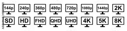 Set of resolution screen icon vector for technology specs and video settings. Ideal for illustrating display quality, aspect ratios, monitors, and digital media formats.