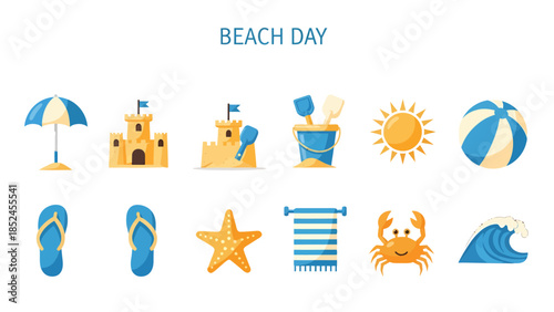 A collection of flat colorful icons related to a beach day activity