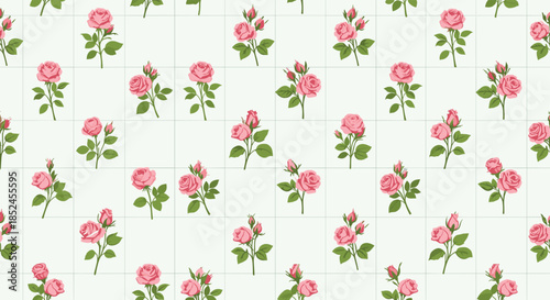 A charming seamless pattern of delicate pink roses with green leaves on a soft light green background, featuring a subtle grid layout.