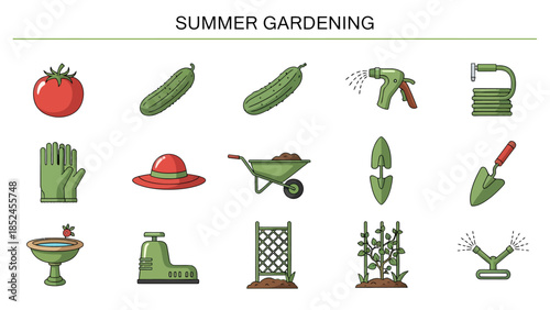 A set of icons depicting summer gardening items including produce tools and watering devices