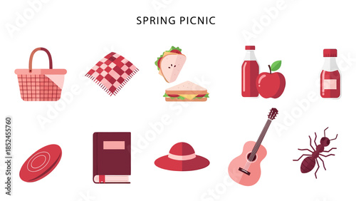 A set of ten flatstyle icons related to a spring picnic arranged in two rows