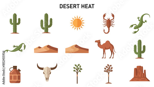 Collection of desertthemed flat icons featuring flora fauna and landscape elements under the title DESERT HEAT
