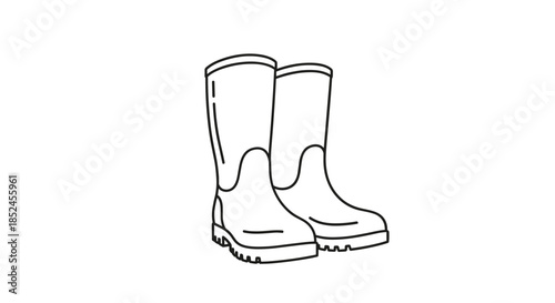 Black and white outline drawing of a pair of waterproof rubber boots or wellingtons for rainy weather or gardening activities.