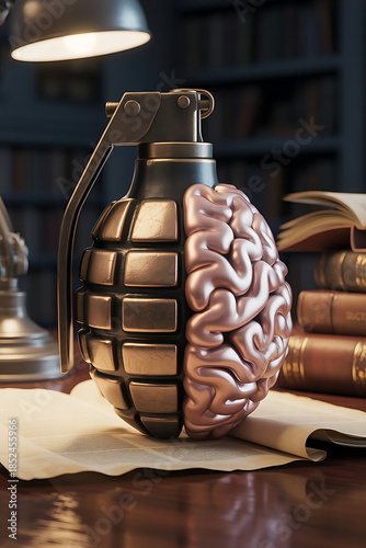 A hybrid of a human brain and a grenade symbolizing explosive ideas and dangerous thoughts in a library setting