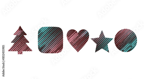 Set of five geometric and holiday shapes with a creative scribble hatching texture including a tree star heart and circle.