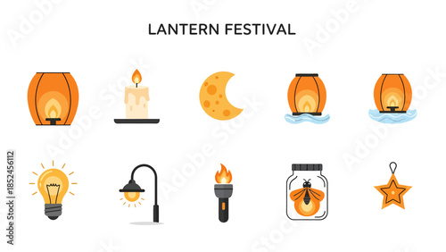 Collection of ten flatstyle icons related to light sources and a lantern festival theme