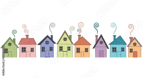A charming row of colorful whimsical cartoon houses with curly smoke coming from the chimneys creating a cozy neighborhood scene on a white background.