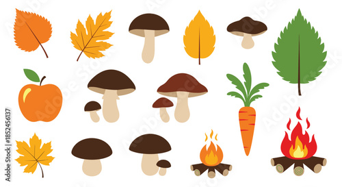 A collection of vibrant autumn and forest-themed flat vector icons including fall leaves mushrooms campfires and vegetables isolated on a white background.