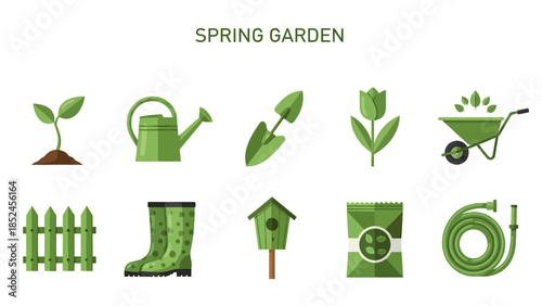 Collection of ten green flatstyle icons related to a spring garden arranged in two rows
