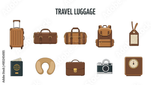 Collection of ten illustrated travel luggage and accessory icons