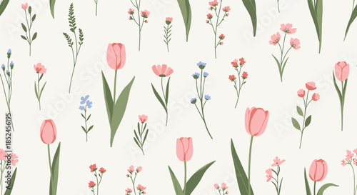 A charming seamless pattern featuring an array of soft pink tulips, tiny blue blossoms, and green foliage, perfect for spring designs.