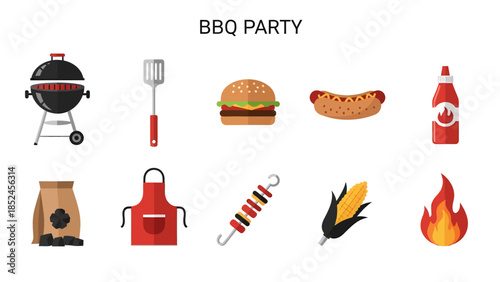 Flat icon set illustrating grilling equipment food and fire for a barbecue party