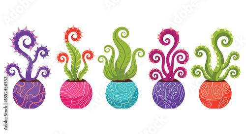 A vibrant and whimsical collection of five fictional cartoon alien or fantasy carnivorous plants in colorful decorative pots on a white background.