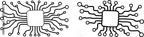 circuit board chip designs with wiring connections and signal paths, vector illustration