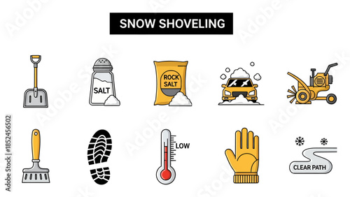 Icons illustrating various tools and concepts related to snow shoveling