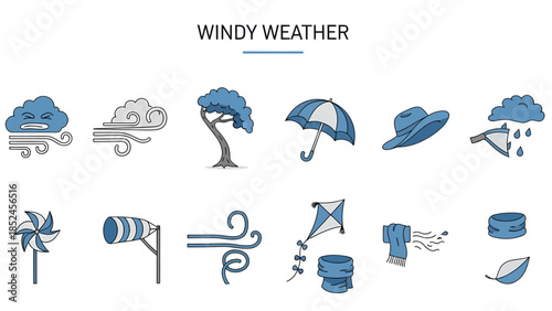 Illustrations depicting wind wind effects and windrelated objects under the title WINDY WEATHER