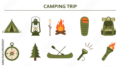 Illustration of ten green and orange camping trip items arranged in two rows