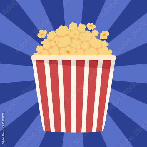 Popcorn bucket concept. White and red bucket with flying out snack seeds. Striped paper box with popcorn vector illustration