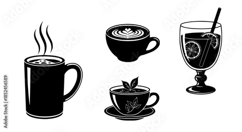 Premium Beverage Set Featuring Latte Art Herbal Tea Steaming Coffee And Refreshing Citrus Iced Juice Drink