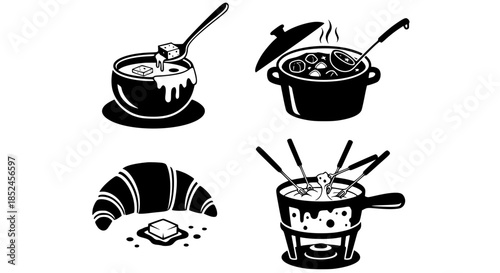 Savory Culinary Set Featuring Hot Pot Stew Creamy Soup Buttery Croissant And Delicious Cheese Fondue Party