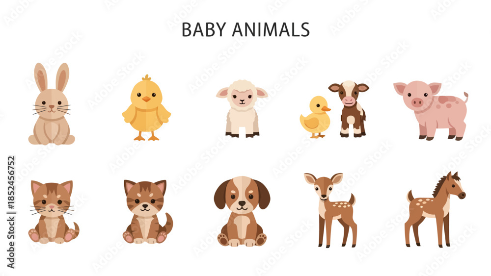 Fototapeta premium Ten cartoon baby animals arranged in two rows below the text BABY ANIMALS