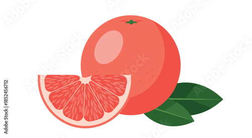 Vibrant pink grapefruit illustration showing one whole fruit with a juicy cut slice and green leaves isolated on a white background.