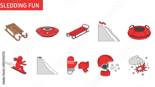 Sledding fun icons showing sleds tubes snow gear and winter activity scenes