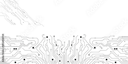 circuit board background design with linear paths and square nodes on white, vector illustration