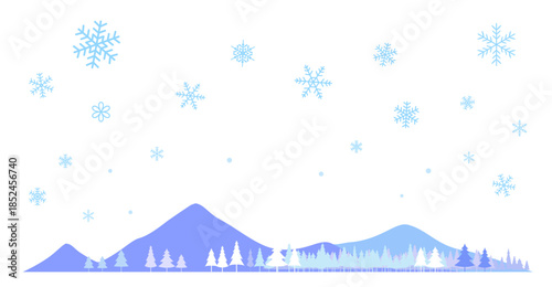 雪の結晶と針葉樹と山のフレームイラスト　背景イラスト