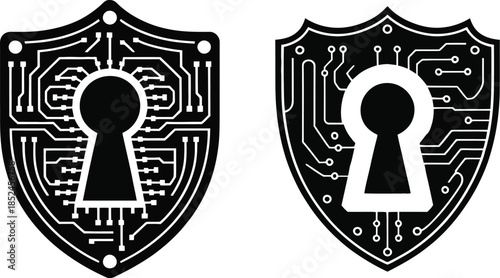 security shield icon with keyhole and circuit board protection pattern, vector illustration