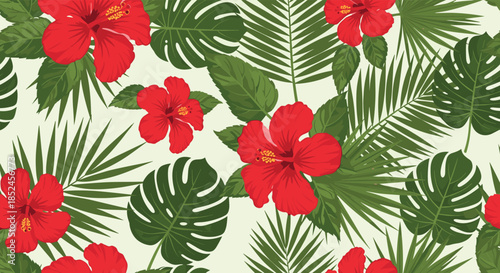 Seamless tropical pattern featuring vibrant red hibiscus flowers and lush green palm and monstera leaves on a light background.