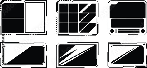 futuristic interface layout with black and white digital panels and structure, vector illustration