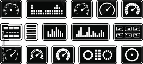 gauge icon set for data measurement speed and performance indicators, vector illustration