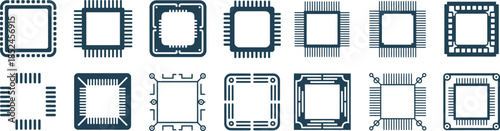 microchip icon set with varied shapes pin layouts and electronic details, vector illustration