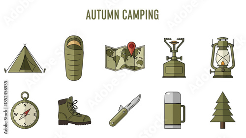 Ten olivegreen camping icons arranged in two rows below AUTUMN CAMPING text