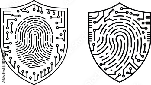 fingerprint shield security icons with circuit board authentication patterns, vector illustration