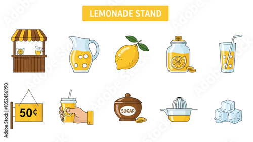 Vector icons illustrating lemonade stand elements stand pitcher lemon jar glass sign cup sugar juicer ice