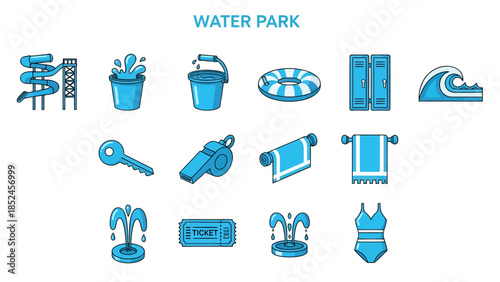 Twelve blue and white icons related to a water park arranged in three rows