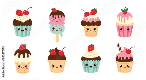 A charming collection of eight cute cartoon dessert illustrations, featuring kawaii-style cupcakes, ice cream cones, a popsicle, and sundaes with happy faces.