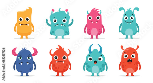 A collection of cute, colorful cartoon monsters with various expressions and shapes, standing on a white background.